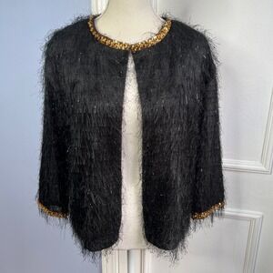 Ellen Tracy Shaggy Fringe Jacket Black Gold Sequins Embellished Women's Size M
